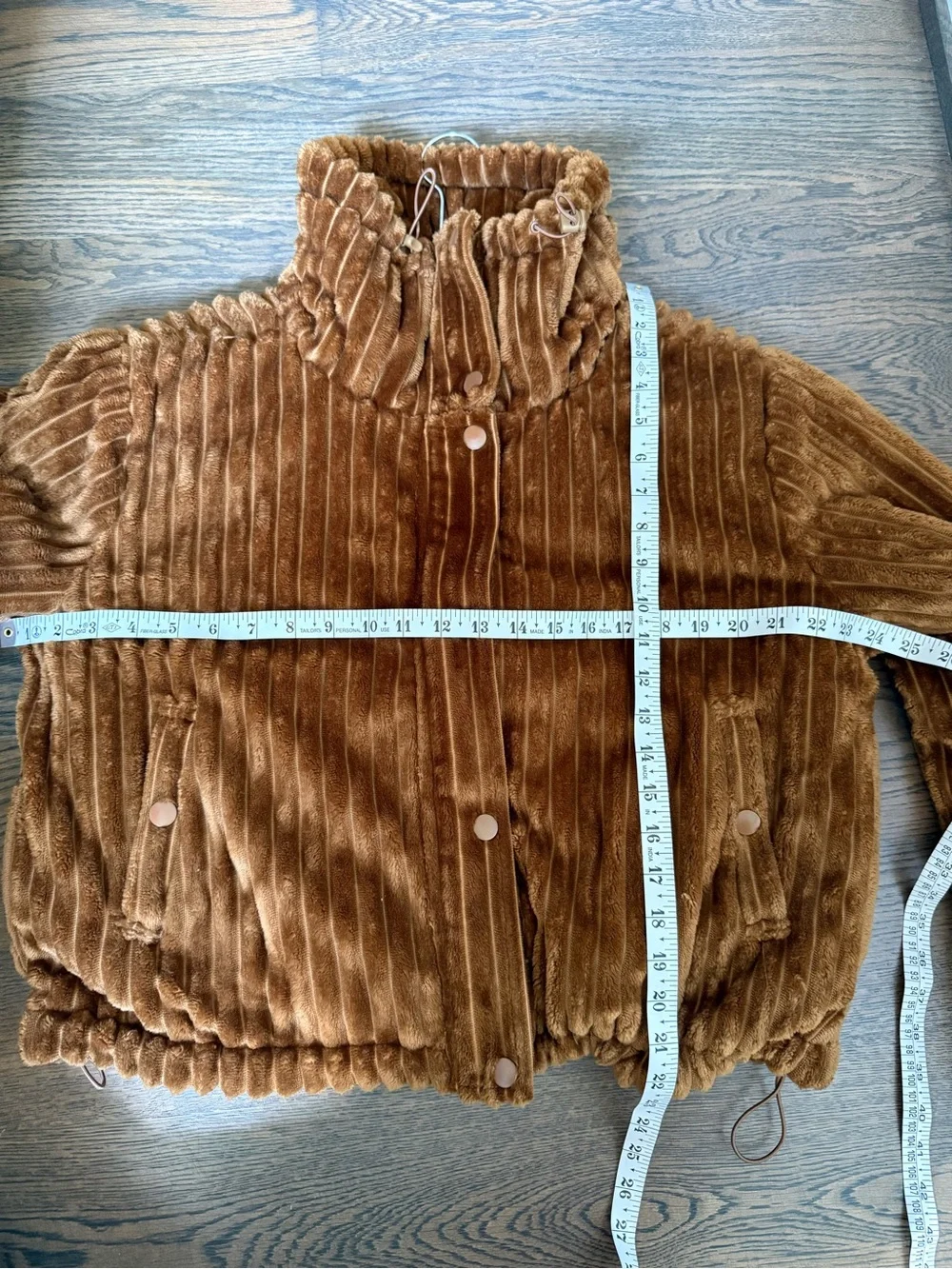 BDG Isla Plush Ribbed Teddy Jacket in Caramel Brown size S.